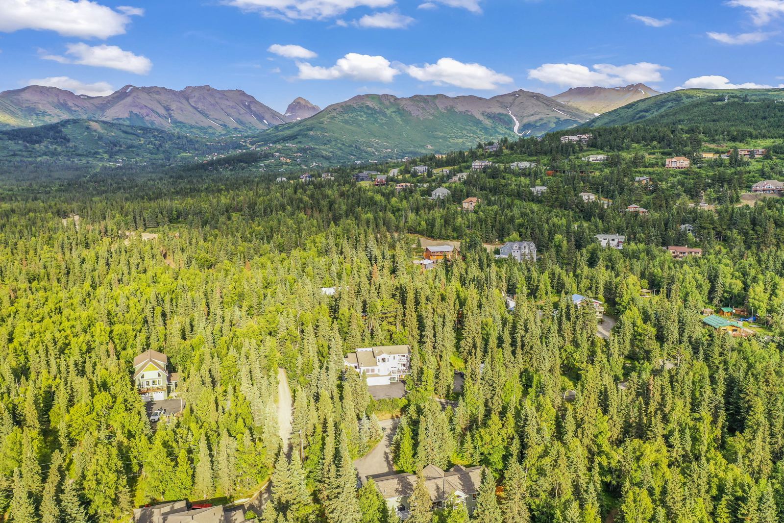 Drone view east over the Hillside to the Chugach Mountains